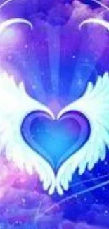 Blue heart with angelic wings on a cosmic background wallpaper.