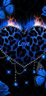 Blue heart with butterflies and flames wallpaper