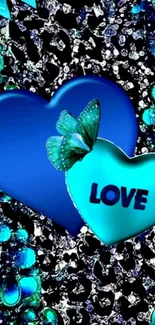 Blue and teal heart wallpaper with butterfly art.