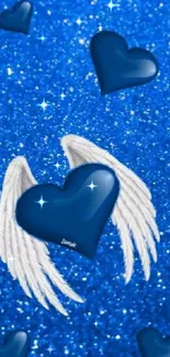 Blue heart with wings on sparkly background.