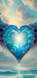 Blue heart with wings against a serene sky.