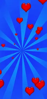 Blue background with red hearts pattern.