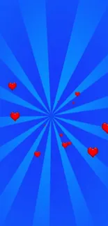 Blue wallpaper with red hearts and burst lines