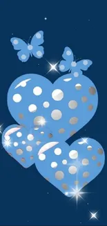 Mobile wallpaper with blue polka dot hearts and butterflies.