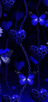 Blue butterflies and heart chains on a dark background.