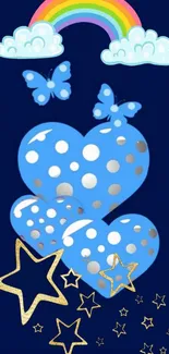 Blue hearts and stars with rainbow on navy background mobile wallpaper.