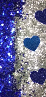 Blue glitter wallpaper with heart shapes and sparkling effect.