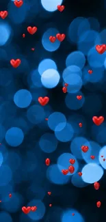 Blue bokeh wallpaper with vibrant red hearts creating a romantic mobile backdrop.