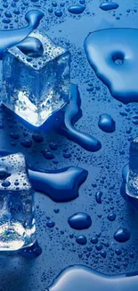 Vibrant blue wallpaper with ice cubes and water droplets, creating a cool effect.