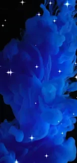 Blue ink swirling with stars on a black background.