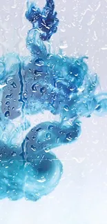 Blue ink splash in water with droplets on a mobile wallpaper.