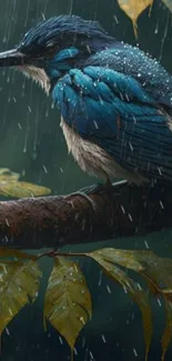 Blue jay perched on branch in rain.