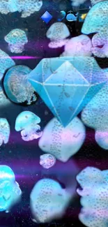 Glowing blue diamond with jellyfish on dark background wallpaper.