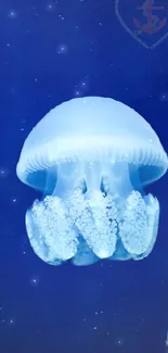 Ethereal blue jellyfish glowing in a deep ocean setting, perfect for phone wallpaper.