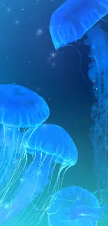 A vibrant wallpaper featuring glowing blue jellyfish swimming underwater.