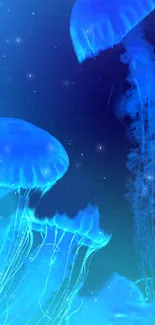 Blue jellyfish floating in a serene ocean backdrop for mobile wallpaper.