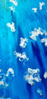 Ethereal jellyfish floating in a vibrant blue underwater scene, ideal for mobile wallpaper.