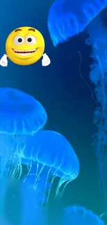 Blue jellyfish with a cheerful emoji on a mobile wallpaper.