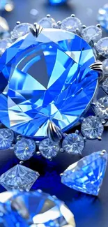 Close-up of a sparkling blue gemstone surrounded by smaller crystals.