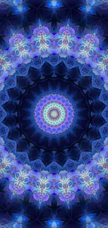 Blue kaleidoscope mandala wallpaper, vibrant and symmetrical design.