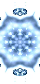 Blue kaleidoscope pattern wallpaper with abstract design.