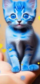 Vibrant blue kitten sitting in a hand, perfect for mobile wallpaper.