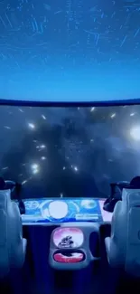 Futuristic cockpit in space with a starry blue hue.