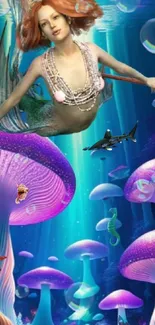 Mermaid swimming in an underwater scene with glowing mushrooms and sea creatures.