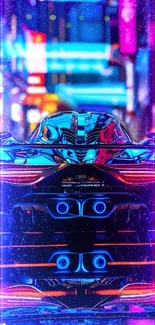 Futuristic neon car driving in a vibrant cityscape at night.