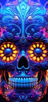 Neon skull art with vibrant tribal patterns in electric blue and orange hues.