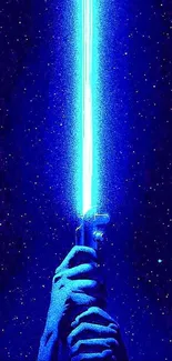 Hand holding a glowing blue lightsaber against a starry night background.