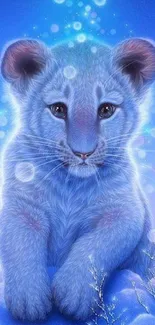 Cute blue lion cub in a fantasy art style on a mobile wallpaper.