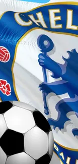 Dynamic soccer wallpaper with blue lion emblem and football.