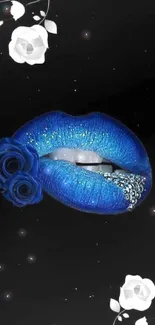 Bold blue lips with roses on a black floral background wallpaper.