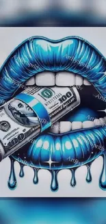 Blue lips holding a dollar bill with artistic drips.