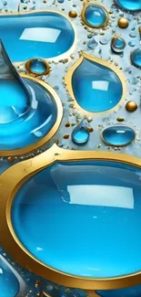 Abstract blue liquid art wallpaper with gold accents.