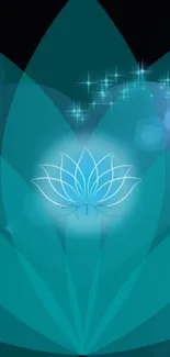 Abstract teal lotus with sparkling stars on a vibrant blue background.