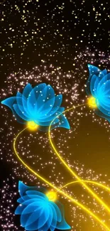 Blue lotus flowers glowing against a dark background with yellow trails.