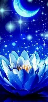 Blue lotus under a starry night sky with crescent moon.