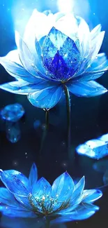 Elegant blue lotus with crystal petals on a dark background, mystical and serene.