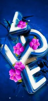 3D love text with pink flowers on blue background wallpaper.