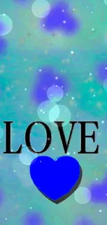 Wallpaper with a blue heart and the word LOVE on a teal background.