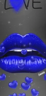 Mobile wallpaper with blue lips and love hearts.