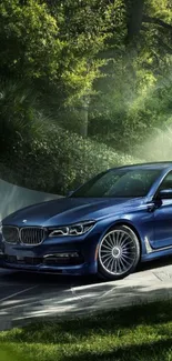 A blue luxury car parked amidst lush greenery and sunlight.