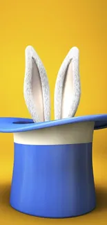 Whimsical blue magic hat with rabbit ears on a yellow background.