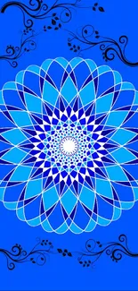 Blue mandala with intricate patterns on vibrant background.