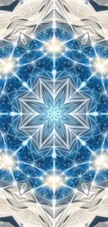 Intricate blue mandala starburst with cosmic geometric patterns for phone wallpaper.