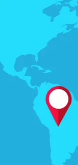 Blue world map with a red location pin on South America.