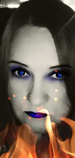 Monochrome portrait with blue highlights of woman's face.