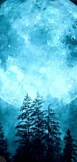 Blue moon illuminating forest with silhouetted trees wallpaper.